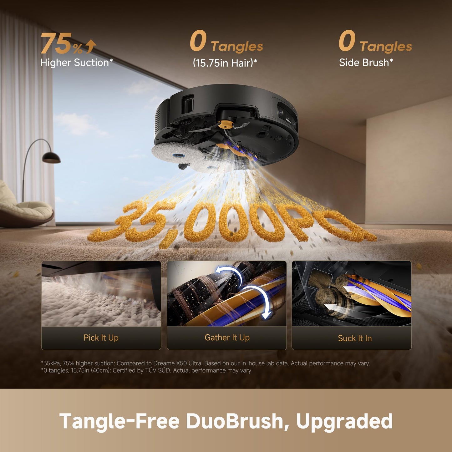 DREAME X60 Ultra Robot Vacuum and Mop, 3.13in Ultra-Thin Design, 3.47in Obstacle Clearing, 35,000Pa Suction, Self Emptying&Refilling, Mop Self-Cleaning, 100% Detangling, 280+Obstacle Avoidance, Black