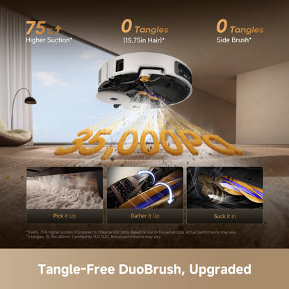 DREAME X60 Ultra Robot Vacuum and Mop, 3.13in Ultra-Thin Design, 3.47in Obstacle Clearing, 35,000Pa Suction, Self Emptying&Refilling, Mop Self-Cleaning, 100% Detangling, 280+Obstacle Avoidance, Black