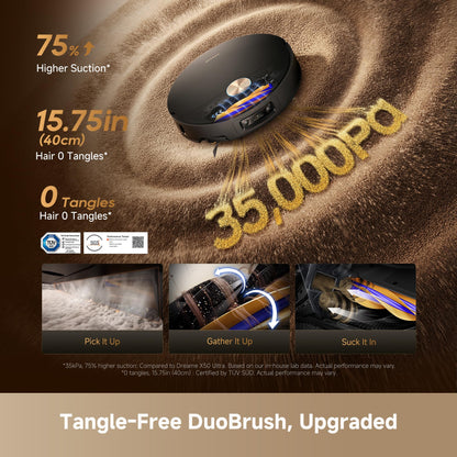 DREAME X60 Ultra Robot Vacuum and Mop, 3.13in Ultra-Thin Design, 3.47in Obstacle Clearing, 35,000Pa Suction, Self Emptying&Refilling, Mop Self-Cleaning, 100% Detangling, 280+Obstacle Avoidance, Black